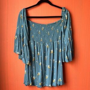 Free People Floral Blue Women's Boho Top M